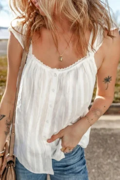 Outlet Dear-Lover Lace Crochet Ruffled Buttoned Loose Fit Tank Top White