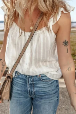 Outlet Dear-Lover Lace Crochet Ruffled Buttoned Loose Fit Tank Top White