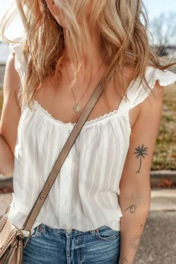 Outlet Dear-Lover Lace Crochet Ruffled Buttoned Loose Fit Tank Top White