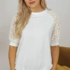 Sale Dear-Lover Lace Crochet Short Sleeve Round Neck T Shirt White