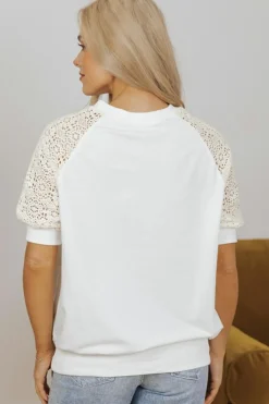 Sale Dear-Lover Lace Crochet Short Sleeve Round Neck T Shirt White