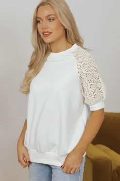 Sale Dear-Lover Lace Crochet Short Sleeve Round Neck T Shirt White