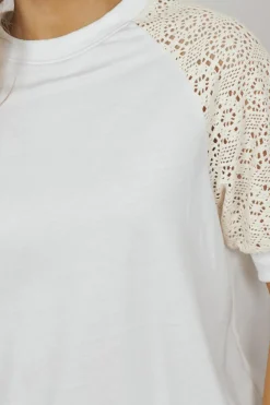 Sale Dear-Lover Lace Crochet Short Sleeve Round Neck T Shirt White