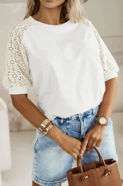 Sale Dear-Lover Lace Crochet Short Sleeve Round Neck T Shirt White
