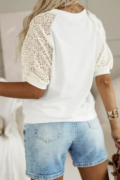 Sale Dear-Lover Lace Crochet Short Sleeve Round Neck T Shirt White