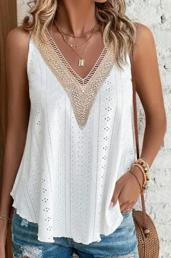 Sale Dear-Lover Lace Crochet Splicing V Neck Loose Fit Tank Top White