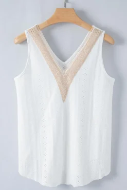 Sale Dear-Lover Lace Crochet Splicing V Neck Loose Fit Tank Top White