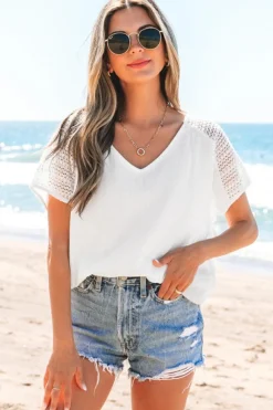 Discount Dear-Lover Lace Crochet Textured Button Back V Neck T Shirt White