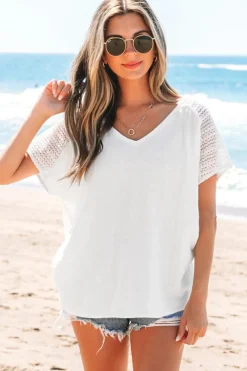 Discount Dear-Lover Lace Crochet Textured Button Back V Neck T Shirt White