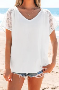 Discount Dear-Lover Lace Crochet Textured Button Back V Neck T Shirt White