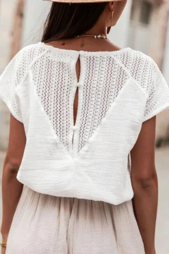 Discount Dear-Lover Lace Crochet Textured Button Back V Neck T Shirt White