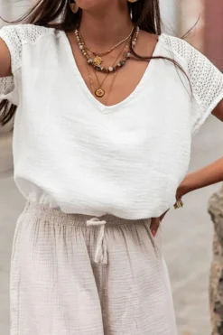 Discount Dear-Lover Lace Crochet Textured Button Back V Neck T Shirt White