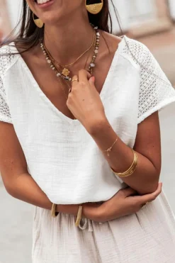 Discount Dear-Lover Lace Crochet Textured Button Back V Neck T Shirt White