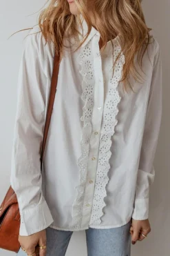Outlet Dear-Lover Lace Crochet Trim Turn Down Collar Buttoned Shirt White
