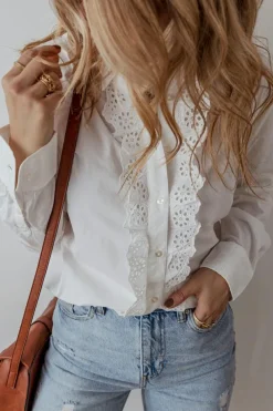 Outlet Dear-Lover Lace Crochet Trim Turn Down Collar Buttoned Shirt White