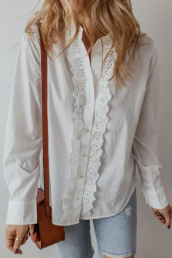 Outlet Dear-Lover Lace Crochet Trim Turn Down Collar Buttoned Shirt White
