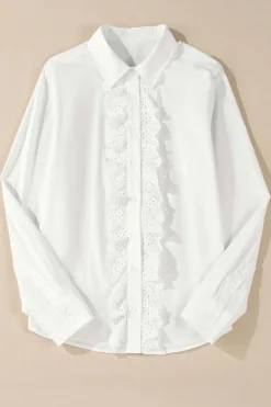 Outlet Dear-Lover Lace Crochet Trim Turn Down Collar Buttoned Shirt White