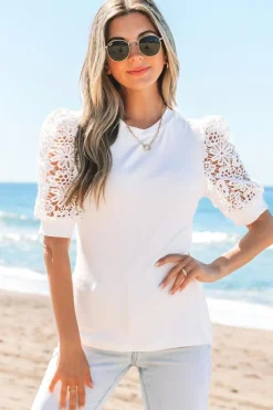 Hot Dear-Lover Lace Floral Patchwork Ribbed Knit Half Sleeve T Shirt White