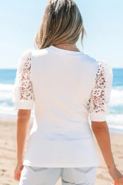 Hot Dear-Lover Lace Floral Patchwork Ribbed Knit Half Sleeve T Shirt White