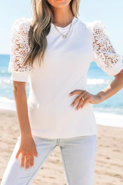Hot Dear-Lover Lace Floral Patchwork Ribbed Knit Half Sleeve T Shirt White