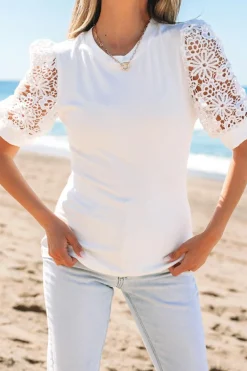 Hot Dear-Lover Lace Floral Patchwork Ribbed Knit Half Sleeve T Shirt White
