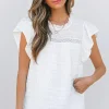 Clearance Dear-Lover Lace Neckline Flutter Sleeve Eyelets Blouse White