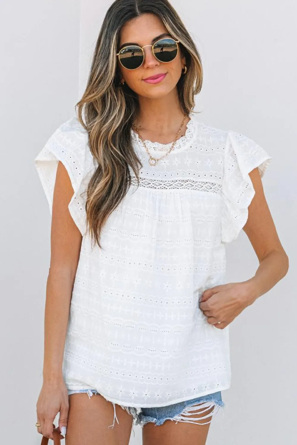 Clearance Dear-Lover Lace Neckline Flutter Sleeve Eyelets Blouse White