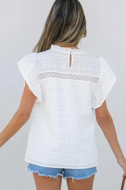 Clearance Dear-Lover Lace Neckline Flutter Sleeve Eyelets Blouse White