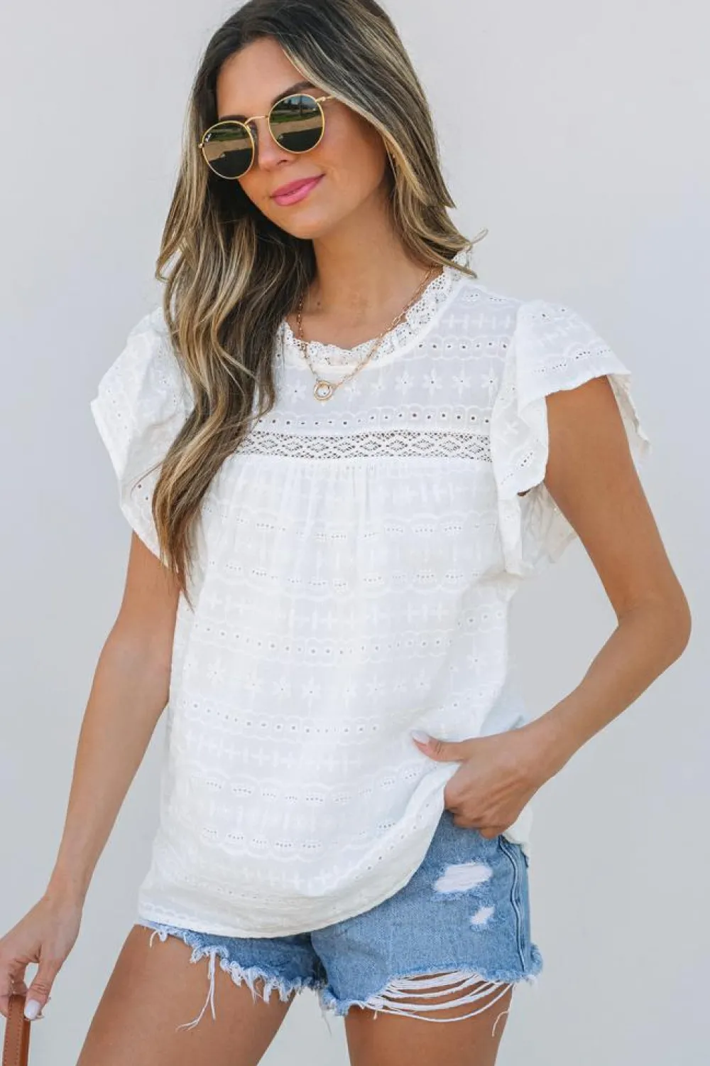 Clearance Dear-Lover Lace Neckline Flutter Sleeve Eyelets Blouse White