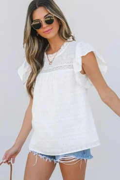 Clearance Dear-Lover Lace Neckline Flutter Sleeve Eyelets Blouse White