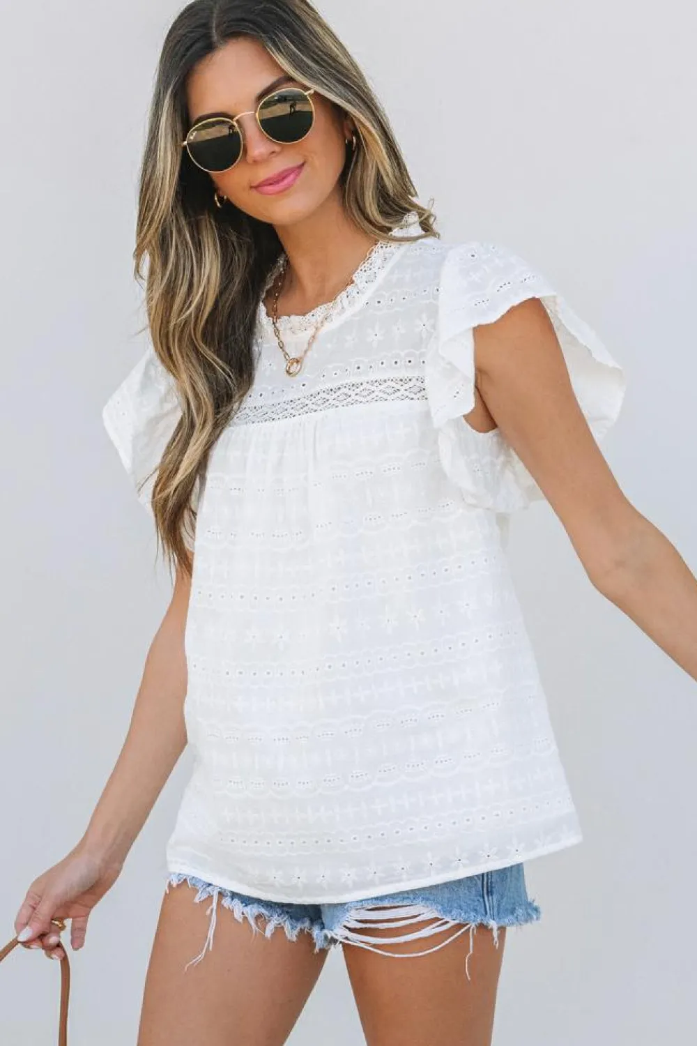 Clearance Dear-Lover Lace Neckline Flutter Sleeve Eyelets Blouse White