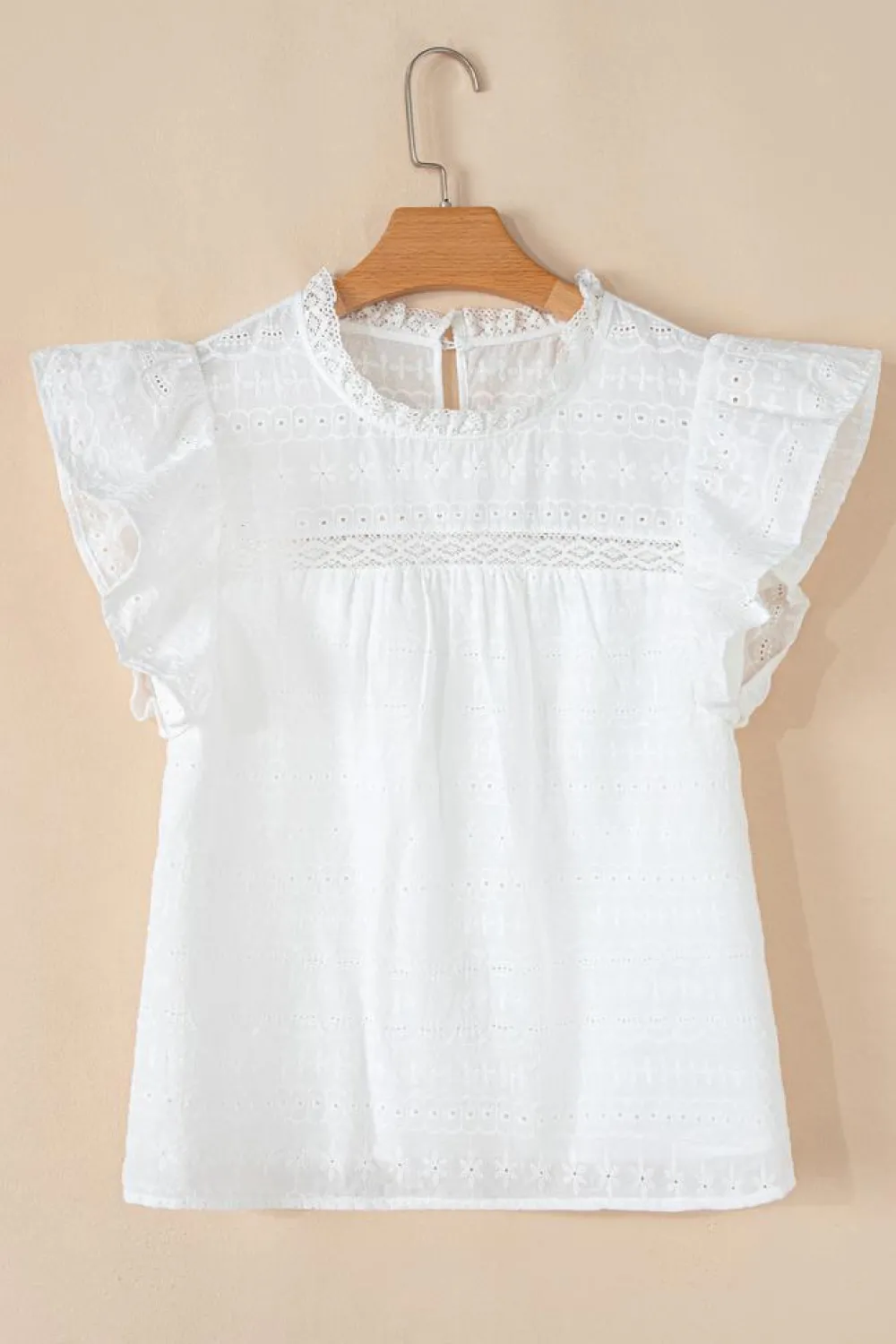 Clearance Dear-Lover Lace Neckline Flutter Sleeve Eyelets Blouse White