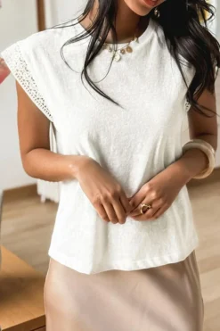Outlet Dear-Lover Lace Patchwork Cap Sleeve Round Neck T Shirt White