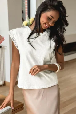 Outlet Dear-Lover Lace Patchwork Cap Sleeve Round Neck T Shirt White