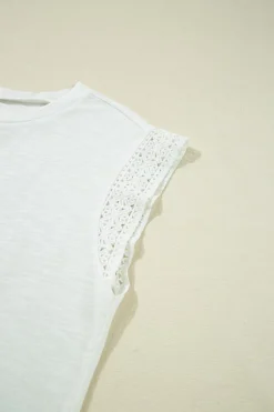 Outlet Dear-Lover Lace Patchwork Cap Sleeve Round Neck T Shirt White