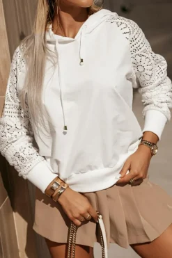 Fashion Dear-Lover Lace Patchwork Sleeve Drawstring Hoodie White