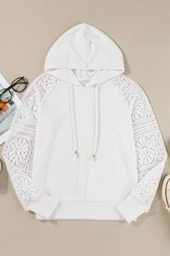 Fashion Dear-Lover Lace Patchwork Sleeve Drawstring Hoodie White