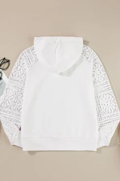 Fashion Dear-Lover Lace Patchwork Sleeve Drawstring Hoodie White