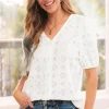 Discount Dear-Lover Lace Puff Sleeve V Neck Button Up Shirt White