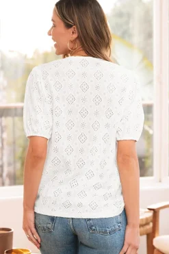 Discount Dear-Lover Lace Puff Sleeve V Neck Button Up Shirt White