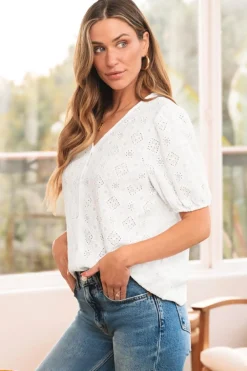 Discount Dear-Lover Lace Puff Sleeve V Neck Button Up Shirt White