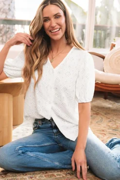 Discount Dear-Lover Lace Puff Sleeve V Neck Button Up Shirt White