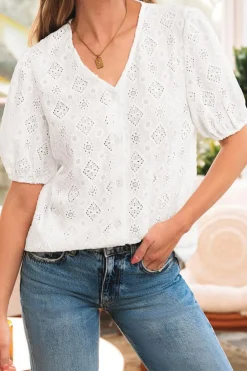 Discount Dear-Lover Lace Puff Sleeve V Neck Button Up Shirt White