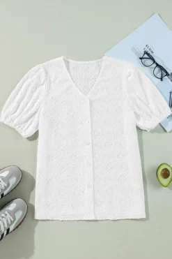Discount Dear-Lover Lace Puff Sleeve V Neck Button Up Shirt White