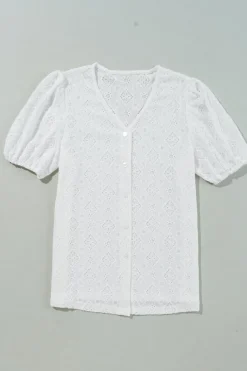 Discount Dear-Lover Lace Puff Sleeve V Neck Button Up Shirt White