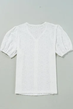 Discount Dear-Lover Lace Puff Sleeve V Neck Button Up Shirt White