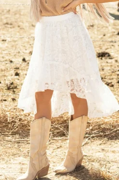 Clearance Dear-Lover Lace Ruffled High-low Hem Midi Skirt White