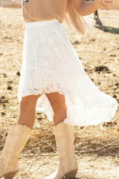 Clearance Dear-Lover Lace Ruffled High-low Hem Midi Skirt White
