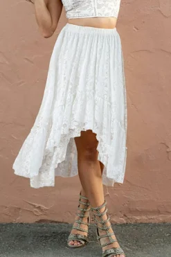 Clearance Dear-Lover Lace Ruffled High-low Hem Midi Skirt White