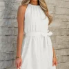 Online Dear-Lover Lace Sleeveless Knot Hollow Out Back Tied Waist Mini Dress White